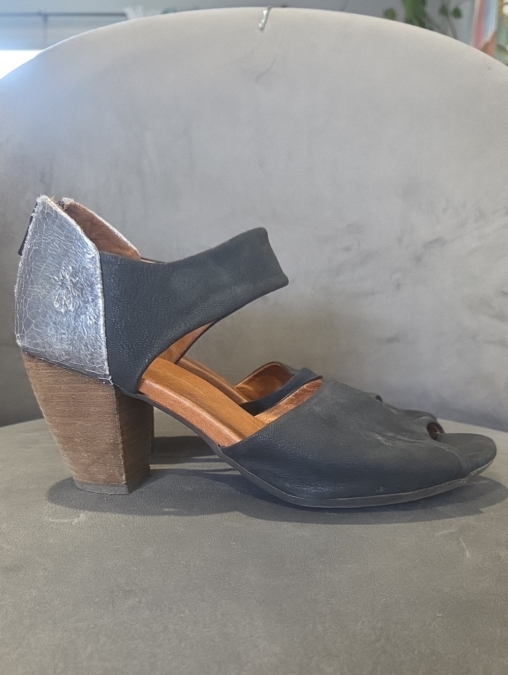 Fly London Black Leather Block Heel Sandals with Silver Heel Cap